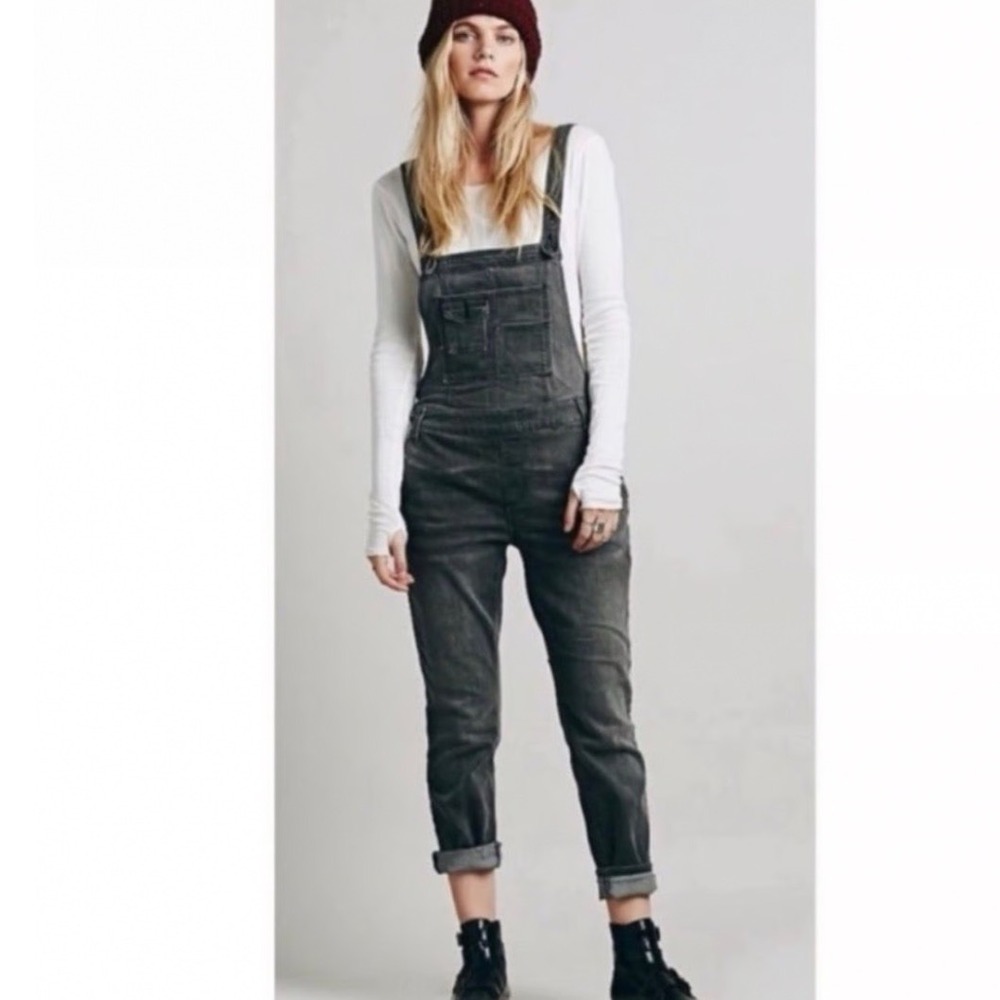 Free People Washed Black Distressed Corduroy Overalls Slim Tapered Leg 27